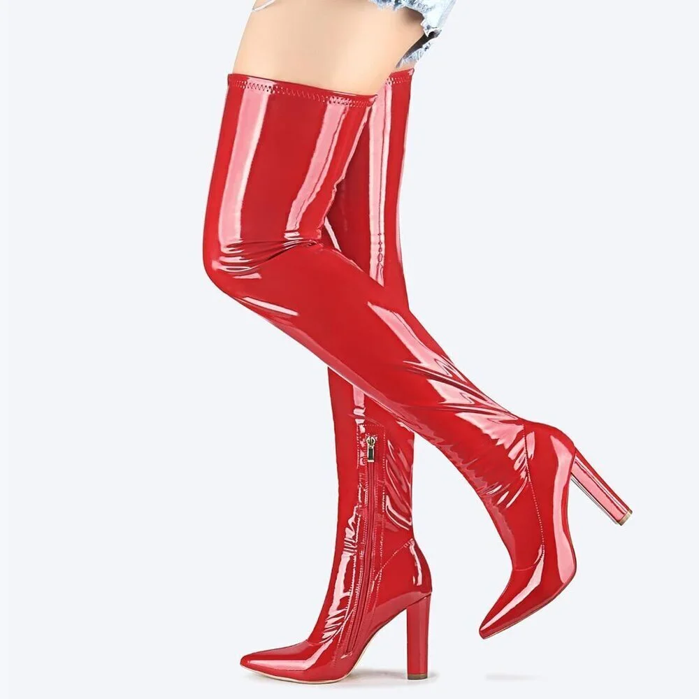 Women Red Chunky Heel Over The Knee Boots Patent Leather PU Stretchy Tall Boot